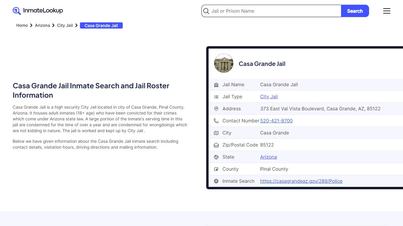 Casa Grande Jail Inmate Search and Jail Roster Information - Inmate Lookup
