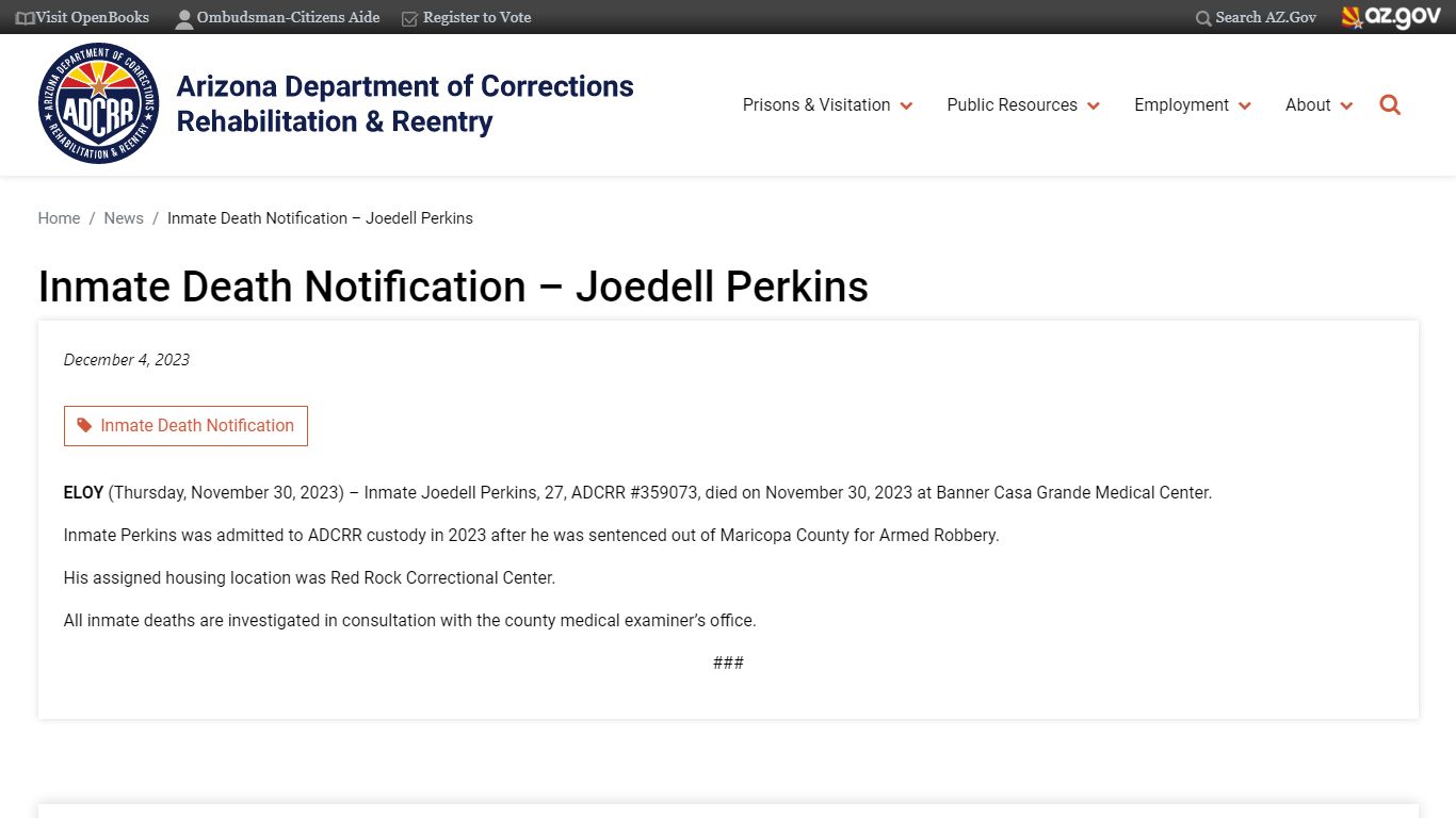 Inmate Death Notification – Joedell Perkins | Arizona Department of ...